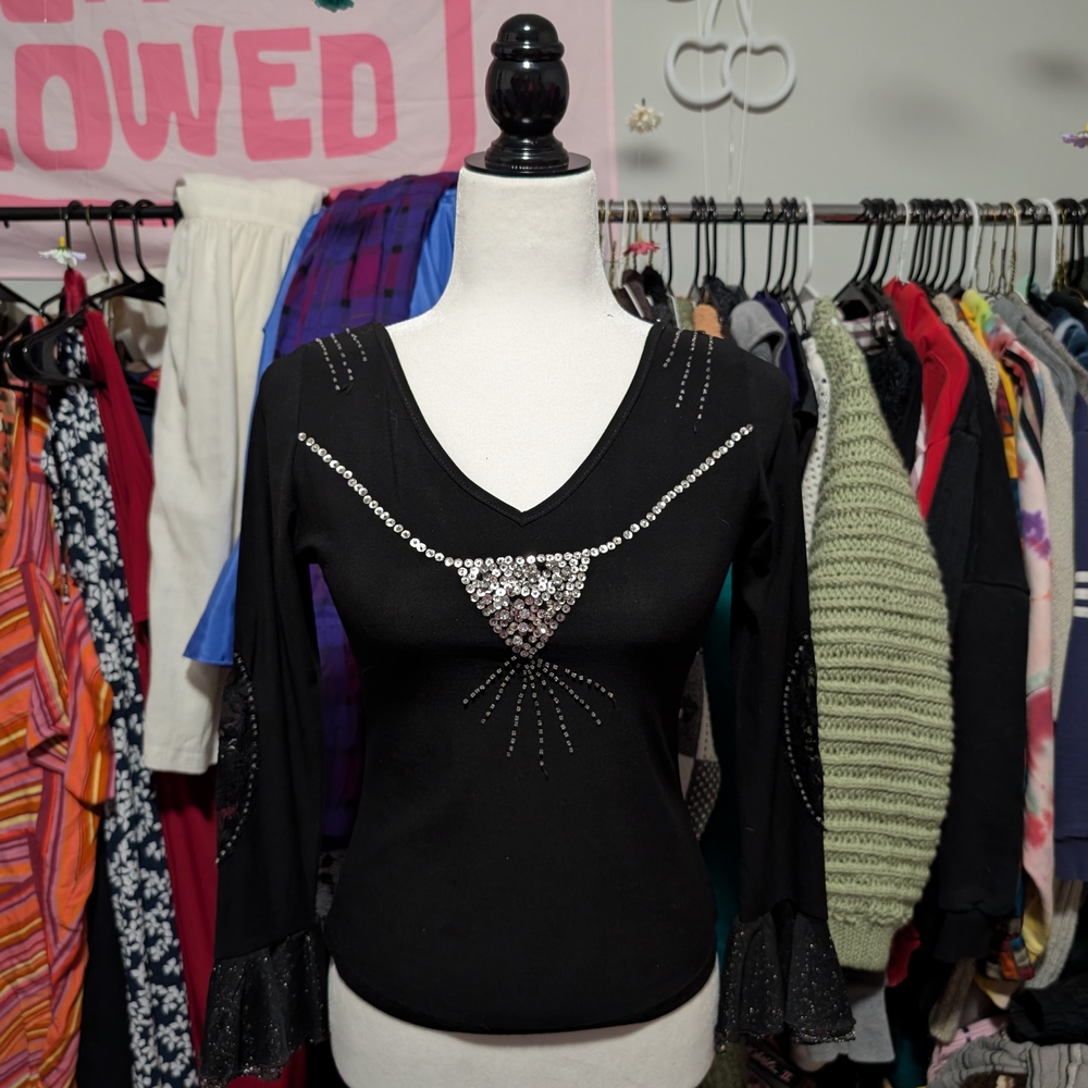 Black Embellished V-Neck Top